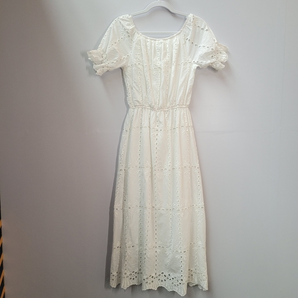 Eyelet Lace Puff Sleeve Midi Dress Cottagecore Korean Romantic White XS - Picture 8 of 13